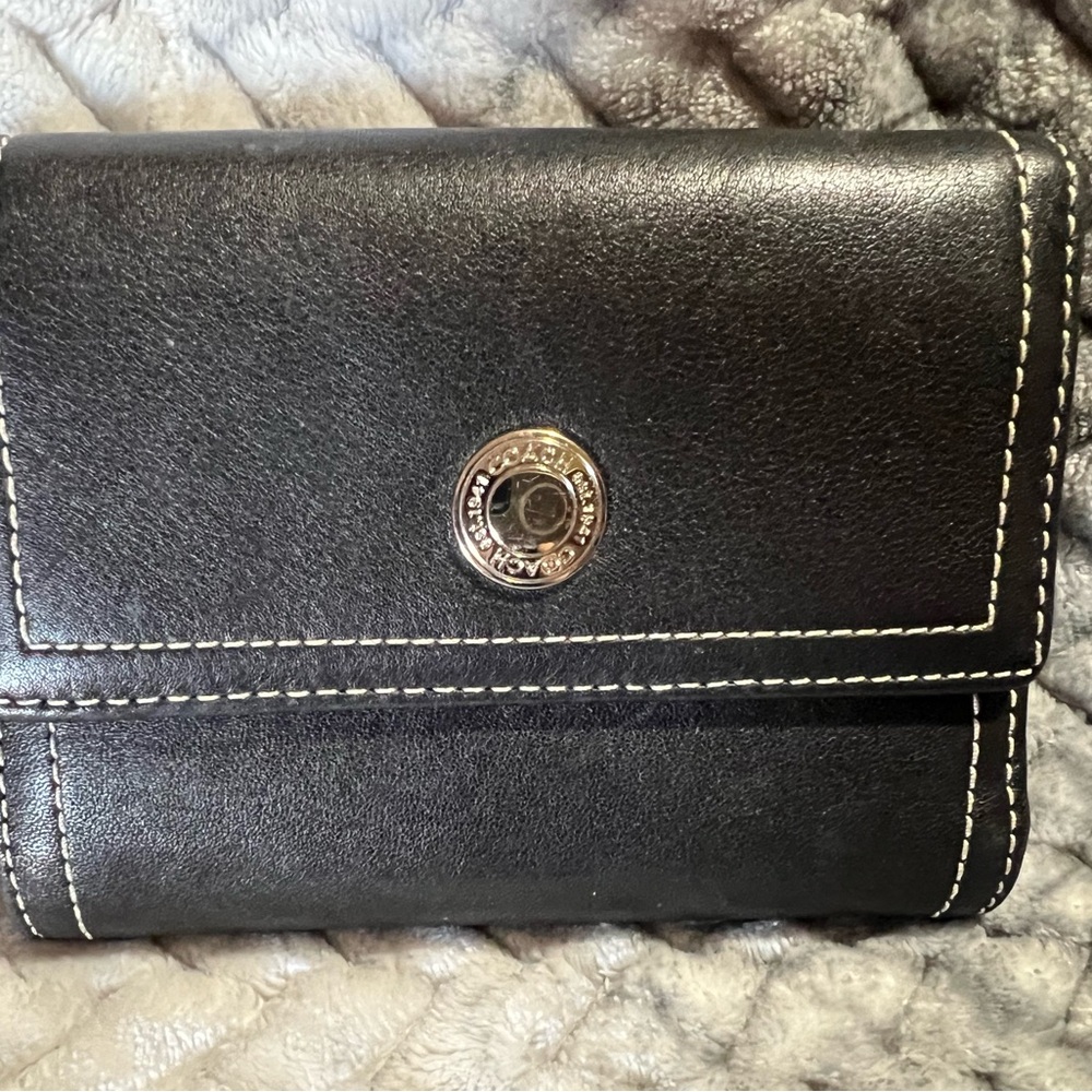 Coach Black Leather Wallet with Silver Logo Emblem Snap.
